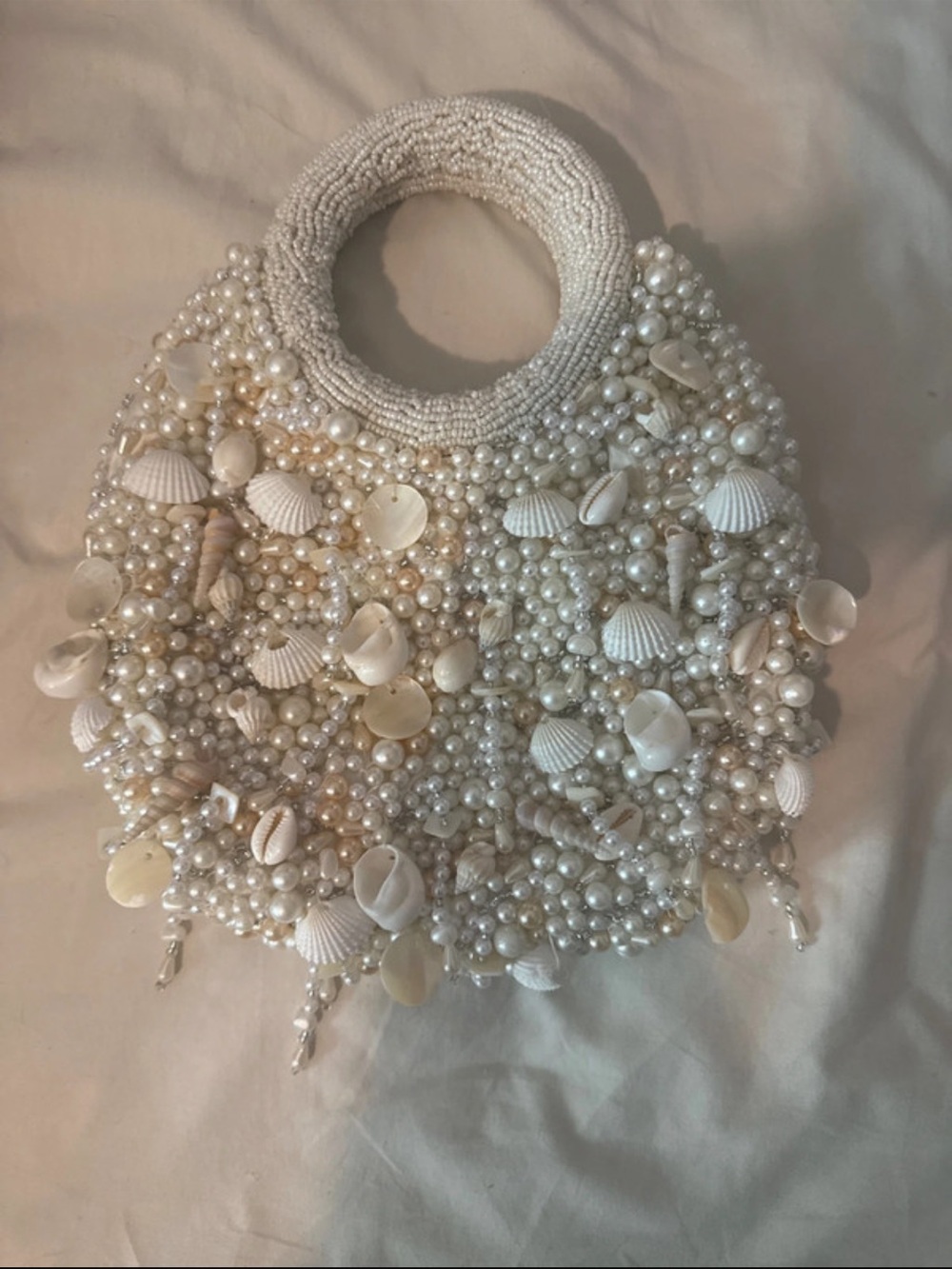 Handmade White Beaded Shell Embellished Tote Bag